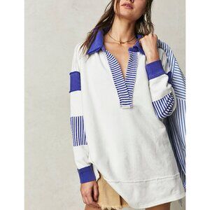 Free People White and Blue Striped Sweatshirt